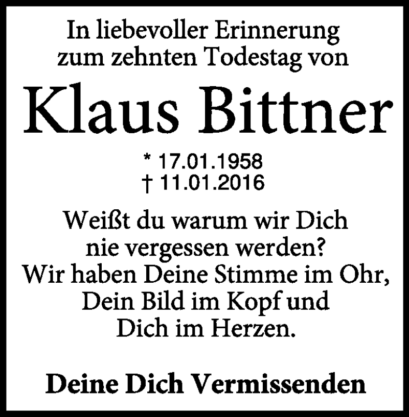 Traueranzeige für Klaus Bittner vom 10.01.2026 aus Heidenheimer Zeitung