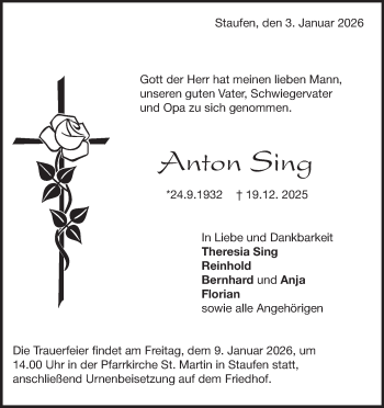 Traueranzeige von Anton Sing von Heidenheimer Zeitung
