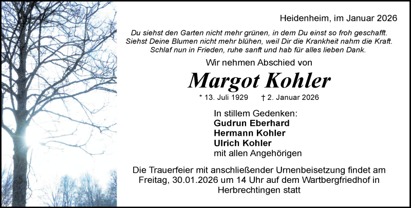  Traueranzeige für Margot Kohler vom 27.01.2026 aus Heidenheimer Zeitung
