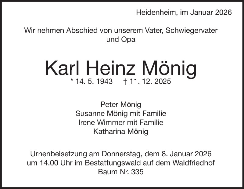  Traueranzeige für Heinz Mönig vom 03.01.2026 aus Heidenheimer Zeitung