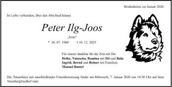 Traueranzeige von Peter Ilg-Joos von Heidenheimer Zeitung