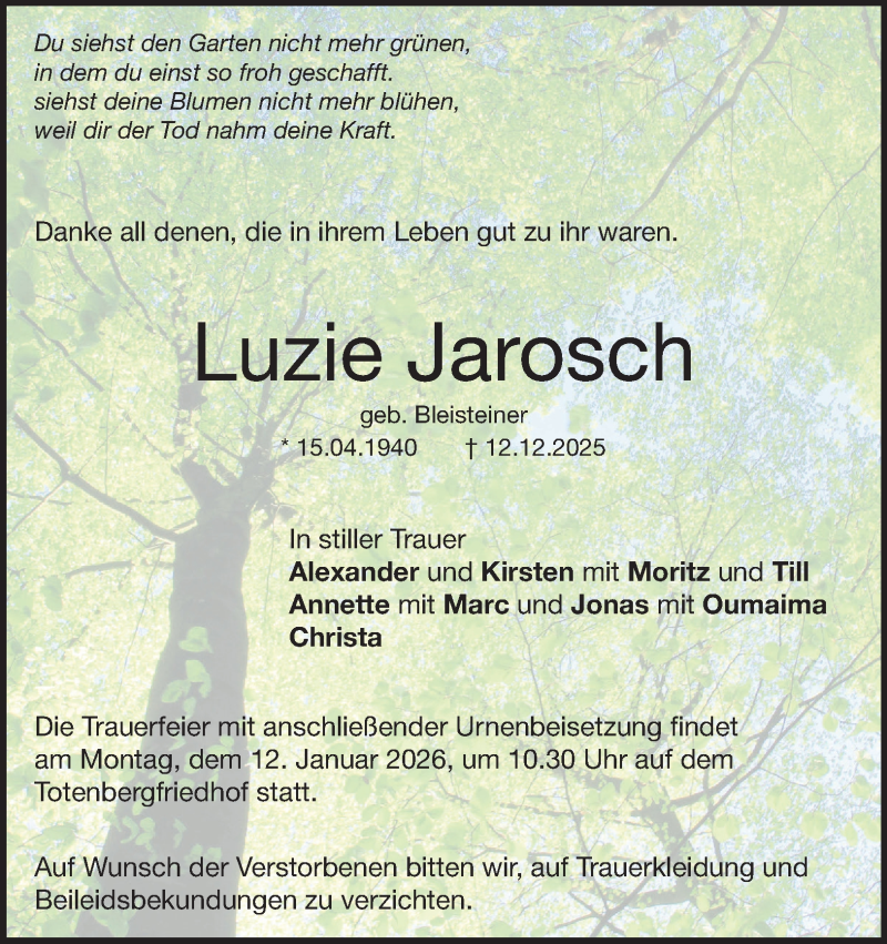  Traueranzeige für Luzie Jarosch vom 03.01.2026 aus Heidenheimer Zeitung