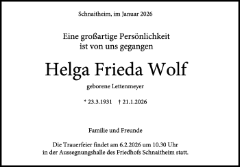 Traueranzeige von Helga Frieda Wolf von Heidenheimer Zeitung