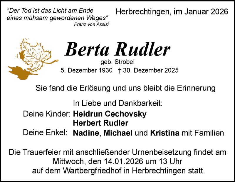  Traueranzeige für Berta Rudler vom 10.01.2026 aus Heidenheimer Zeitung