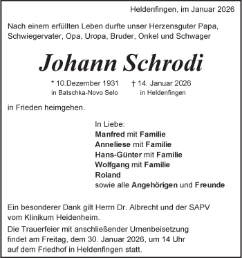 Traueranzeige von Johann Schrodi von Heidenheimer Zeitung