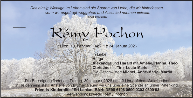  Traueranzeige für Remy Pochon vom 28.01.2026 aus Heidenheimer Zeitung