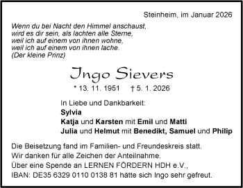 Traueranzeige von Ingo Sievers von Heidenheimer Zeitung