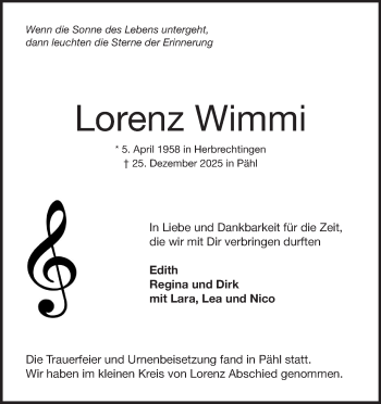 Traueranzeige von Lorenz Wimmi von Heidenheimer Zeitung