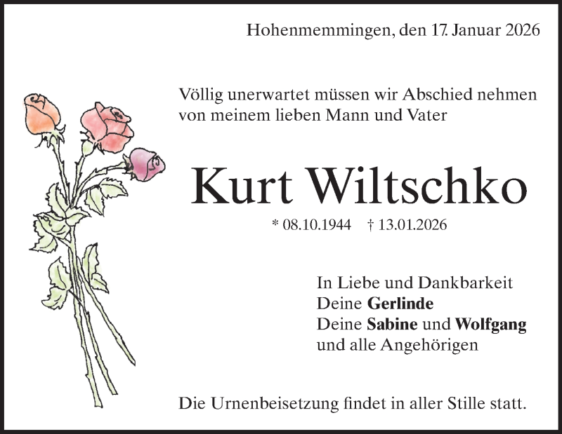  Traueranzeige für Kurt Wiltschko vom 17.01.2026 aus Heidenheimer Zeitung