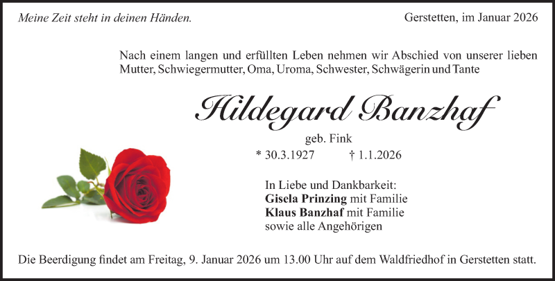  Traueranzeige für Hildegard Banzhaf vom 07.01.2026 aus Heidenheimer Zeitung