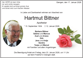 Traueranzeige von Hartmut Bittner von Heidenheimer Zeitung