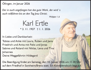 Traueranzeige von Karl Ertle von Heidenheimer Zeitung