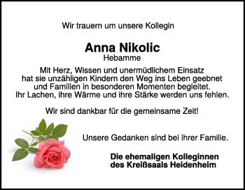 Traueranzeige von Anna Nikolic von Heidenheimer Zeitung