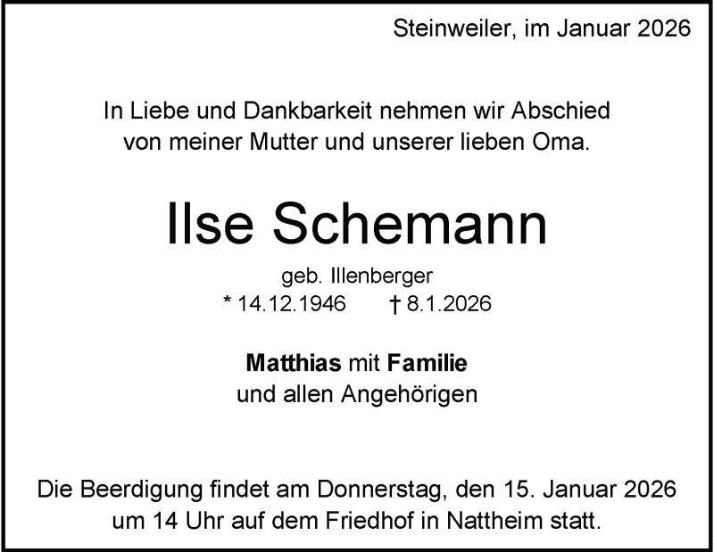  Traueranzeige für Ilse Schemann vom 13.01.2026 aus Heidenheimer Zeitung