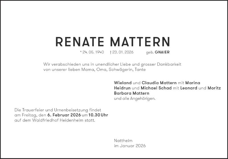 Traueranzeige für Renate Mattern vom 30.01.2026 aus Heidenheimer Zeitung