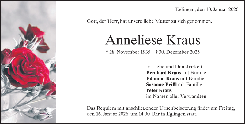  Traueranzeige für Anneliese Kraus vom 10.01.2026 aus Heidenheimer Zeitung