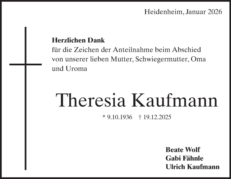 Traueranzeige für Theresia Kaufmann vom 23.01.2026 aus Heidenheimer Zeitung