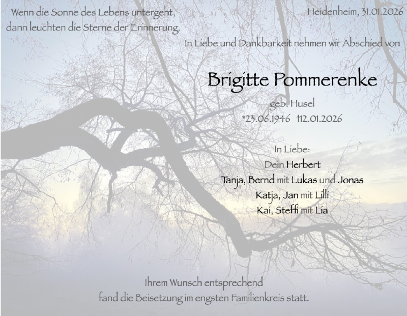  Traueranzeige für Brigitte Pommerenke vom 31.01.2026 aus Heidenheimer Zeitung