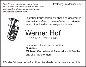 Traueranzeige von Werner Hof von Heidenheimer Zeitung