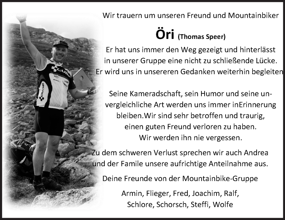  Traueranzeige für Thomas Speer vom 17.01.2026 aus 