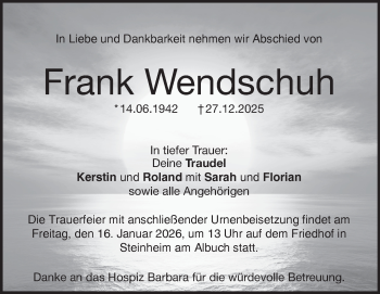 Traueranzeige von Frank Wendschuh von Heidenheimer Zeitung