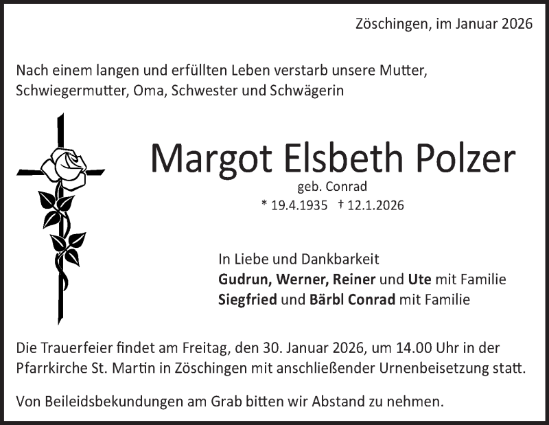  Traueranzeige für Margot Elsbeth Polzer vom 24.01.2026 aus Heidenheimer Zeitung