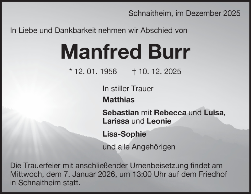  Traueranzeige für Manfred Burr vom 03.01.2026 aus Heidenheimer Zeitung