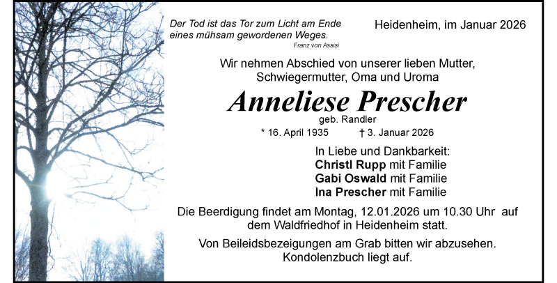  Traueranzeige für Anneliese Prescher vom 08.01.2026 aus Heidenheimer Zeitung