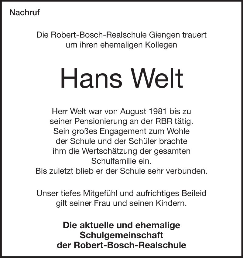  Traueranzeige für Hans Welt vom 31.01.2026 aus Heidenheimer Zeitung