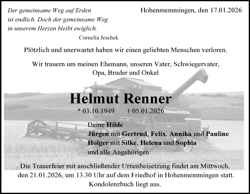  Traueranzeige für Helmut Renner vom 17.01.2026 aus Heidenheimer Zeitung