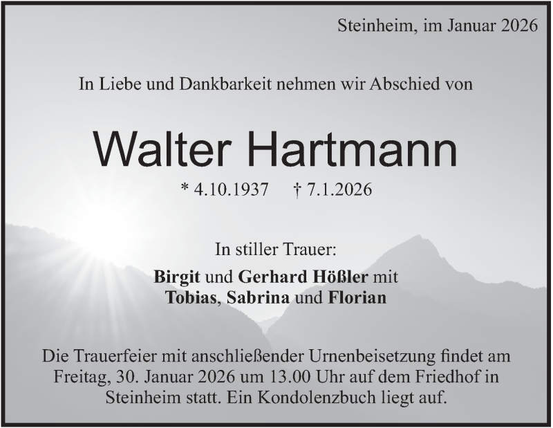  Traueranzeige für Walter Hartmann vom 24.01.2026 aus Heidenheimer Zeitung