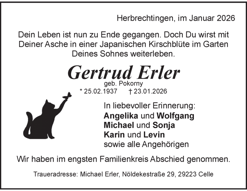  Traueranzeige für Gertrud Erler vom 31.01.2026 aus Heidenheimer Zeitung