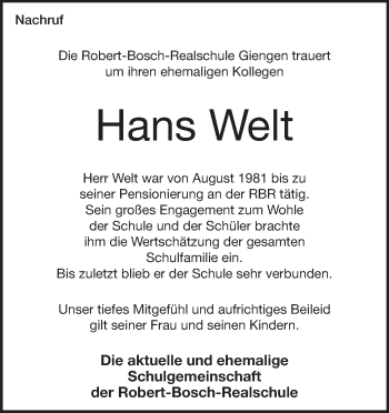 Traueranzeige von Hans Welt von Heidenheimer Zeitung