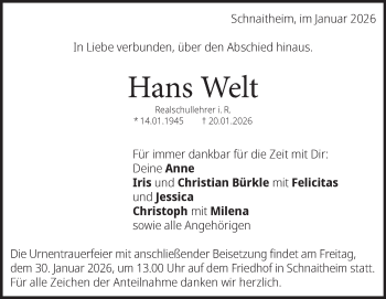 Traueranzeige von Hans Welt von Heidenheimer Zeitung