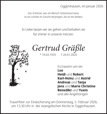 Traueranzeige von Gertrud Gräßle von Heidenheimer Zeitung