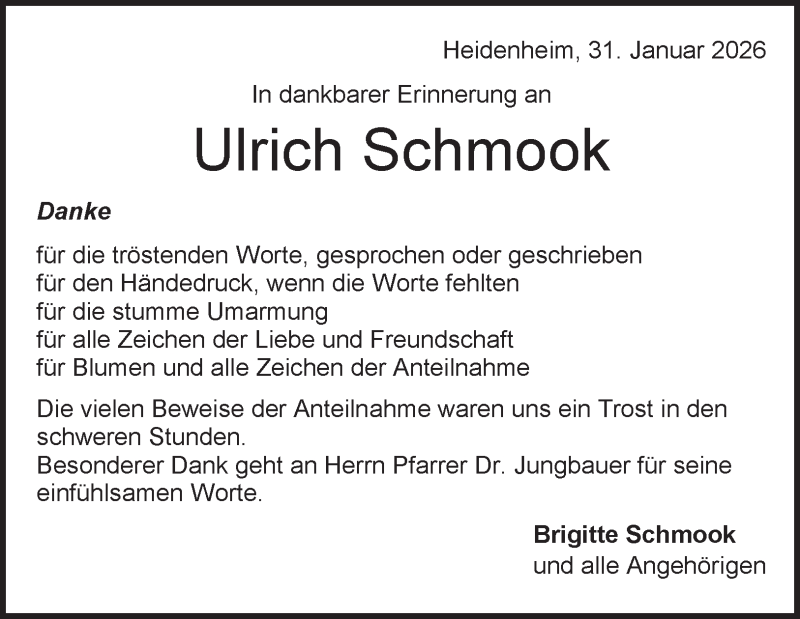  Traueranzeige für Ulrich Schmook vom 31.01.2026 aus Heidenheimer Zeitung