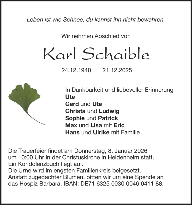  Traueranzeige für Karl Schaible vom 03.01.2026 aus Heidenheimer Zeitung