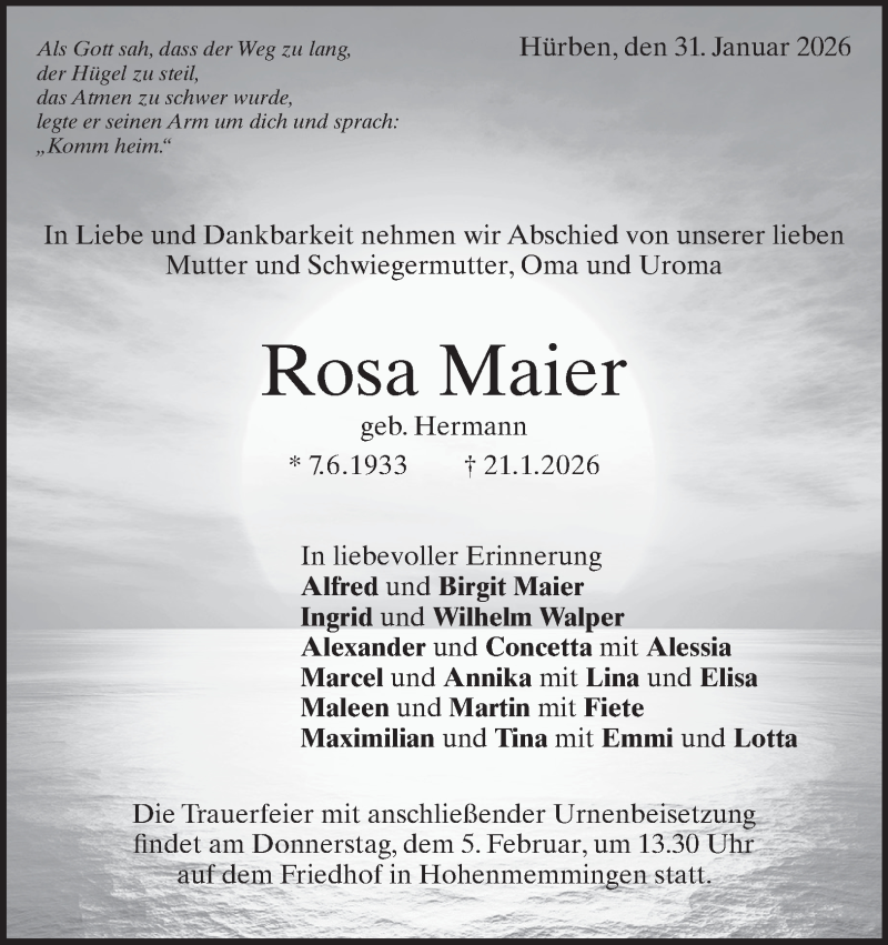  Traueranzeige für Rosa Maier vom 31.01.2026 aus Heidenheimer Zeitung