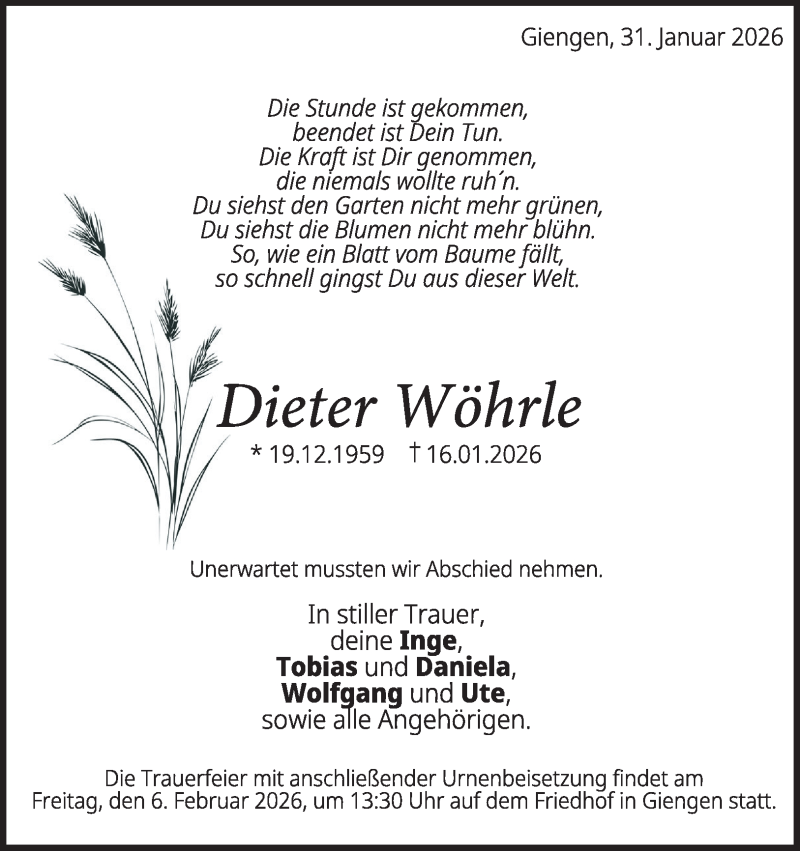  Traueranzeige für Dieter Wöhrle vom 31.01.2026 aus Heidenheimer Zeitung