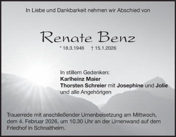 Traueranzeige von Renate Benz von Heidenheimer Zeitung