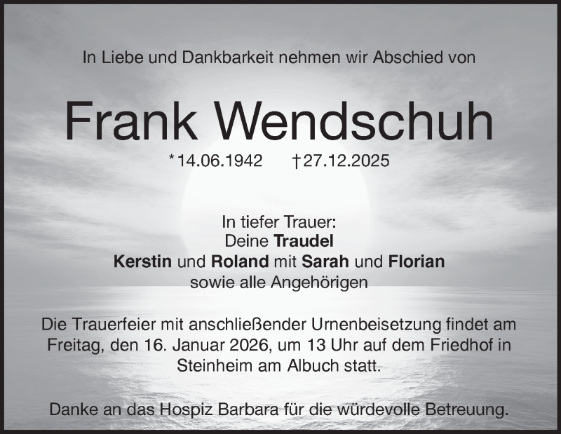 Traueranzeige für Frank Wendschuh vom 10.01.2026 aus Heidenheimer Zeitung