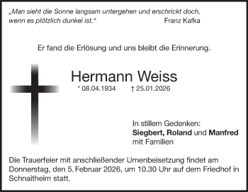 Traueranzeige von Hermann Weiss von Heidenheimer Zeitung
