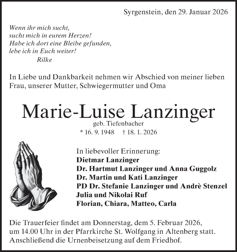  Traueranzeige für Marie-Luise Lanzinger vom 29.01.2026 aus Heidenheimer Zeitung
