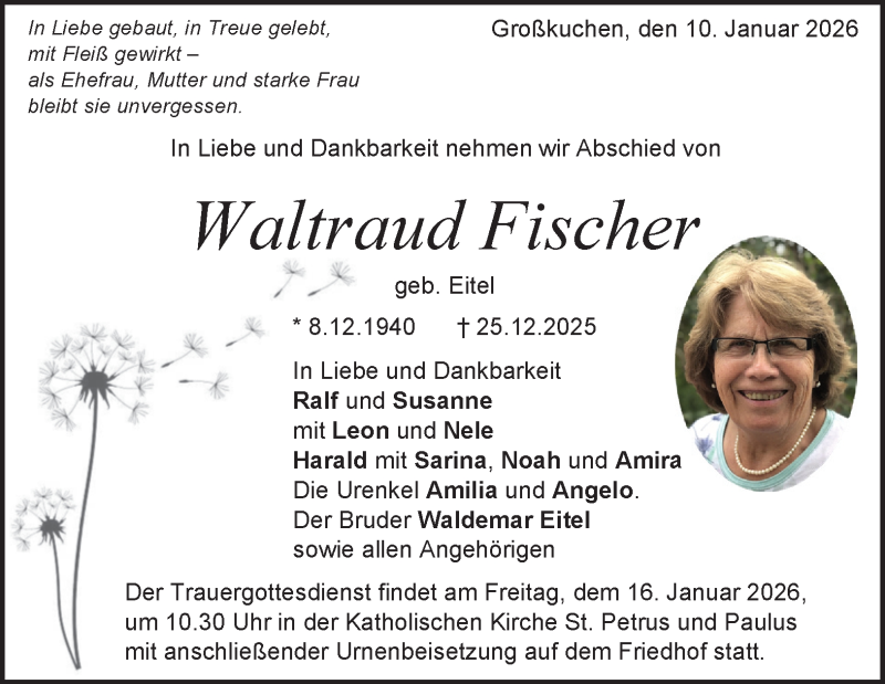  Traueranzeige für Waltraud Fischer vom 10.01.2026 aus Heidenheimer Zeitung