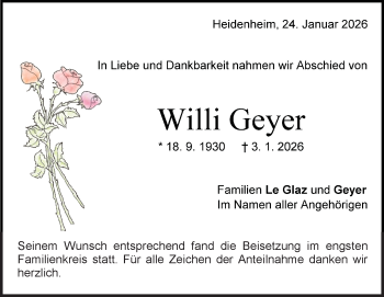 Traueranzeige von Wilhelm Geyer von Heidenheimer Zeitung