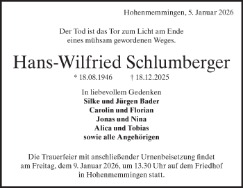 Traueranzeige von Hans-Wilfried Schlumberger von Heidenheimer Zeitung