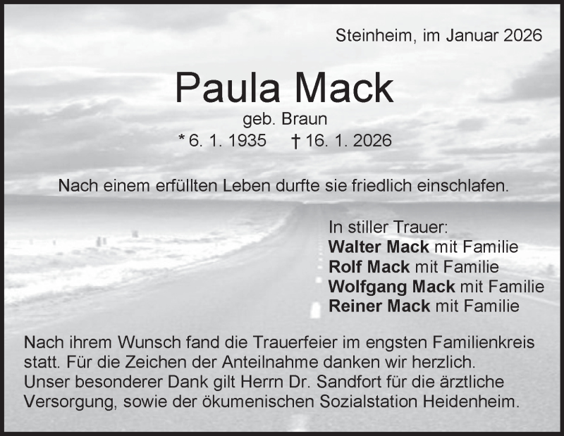  Traueranzeige für Paula mack vom 28.01.2026 aus Heidenheimer Zeitung