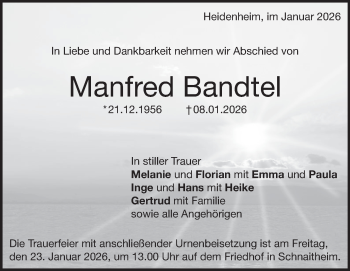 Traueranzeige von Manfred Bandtel von Heidenheimer Zeitung