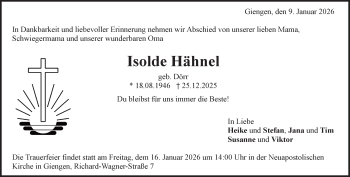 Traueranzeige von Isolde Hähnel von Heidenheimer Zeitung