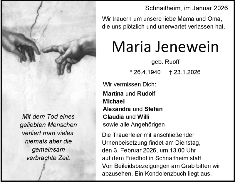  Traueranzeige für Maria Jenewein vom 30.01.2026 aus Heidenheimer Zeitung